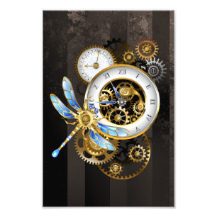 Steampunk Clock with Mechanical Dragonfly Photo Print