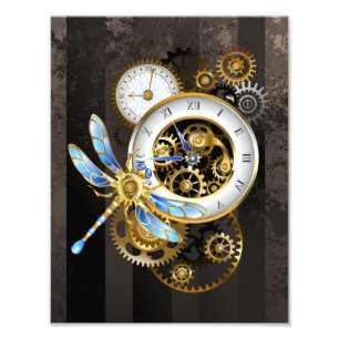 Steampunk Clock with Mechanical Dragonfly Photo Print