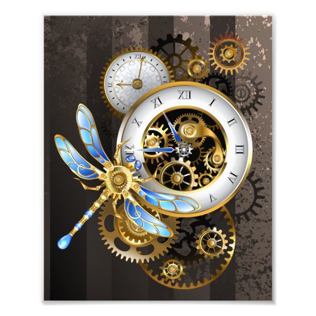 Steampunk Clock with Mechanical Dragonfly Photo Print (Front)