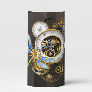 Steampunk Clock with Mechanical Dragonfly Pillar Candle