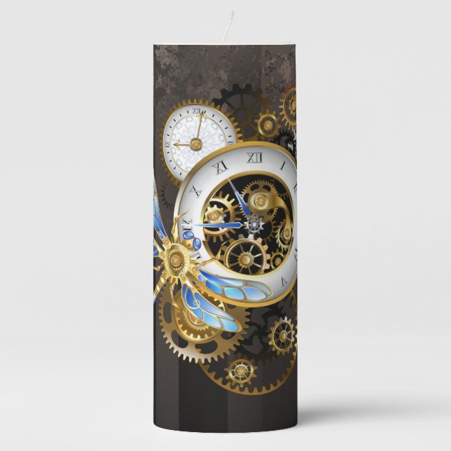 Steampunk Clock with Mechanical Dragonfly Pillar Candle (Front)