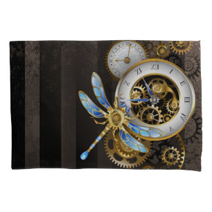 Steampunk Clock with Mechanical Dragonfly Pillow Case