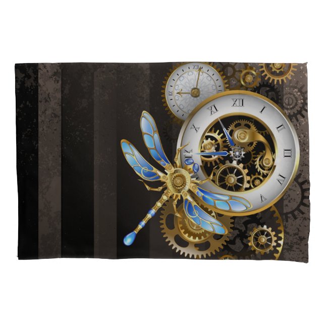 Steampunk Clock with Mechanical Dragonfly Pillow Case (Front-Left)