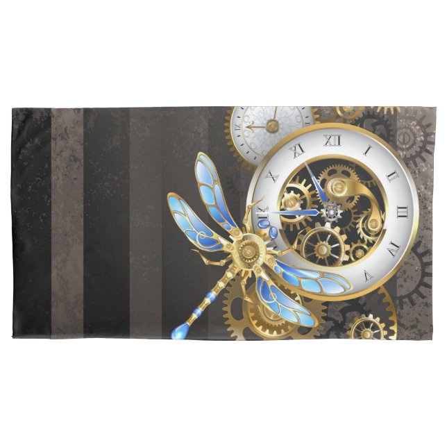 Steampunk Clock with Mechanical Dragonfly Pillow Case (Front-Left)