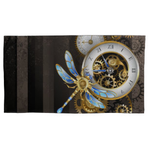 Steampunk Clock with Mechanical Dragonfly Pillow Case