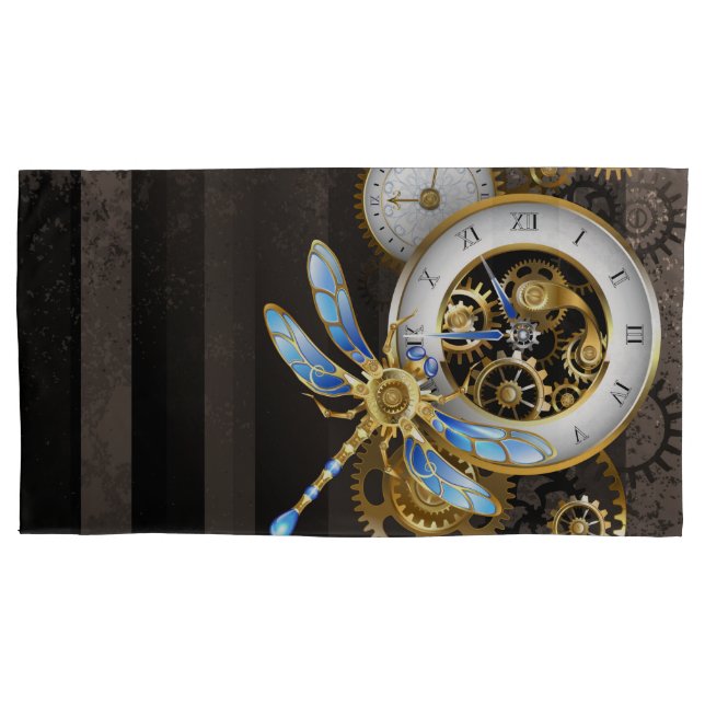 Steampunk Clock with Mechanical Dragonfly Pillow Case (Front)