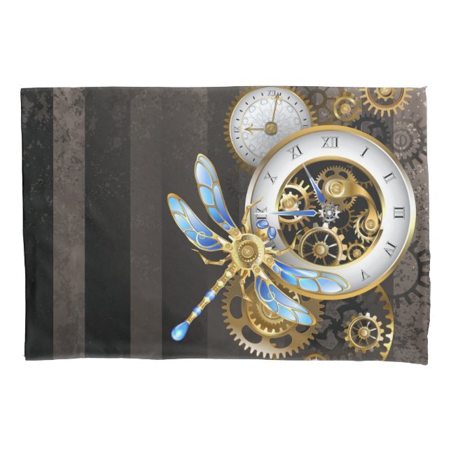 Steampunk Clock with Mechanical Dragonfly Pillow Case (Front)