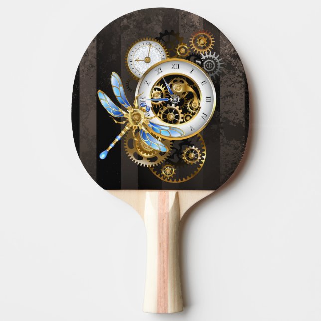 Steampunk Clock with Mechanical Dragonfly Ping Pong Paddle (Front)