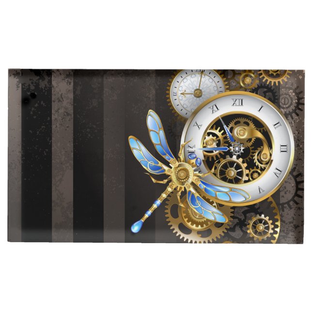 Steampunk Clock with Mechanical Dragonfly Place Card Holder (Front)