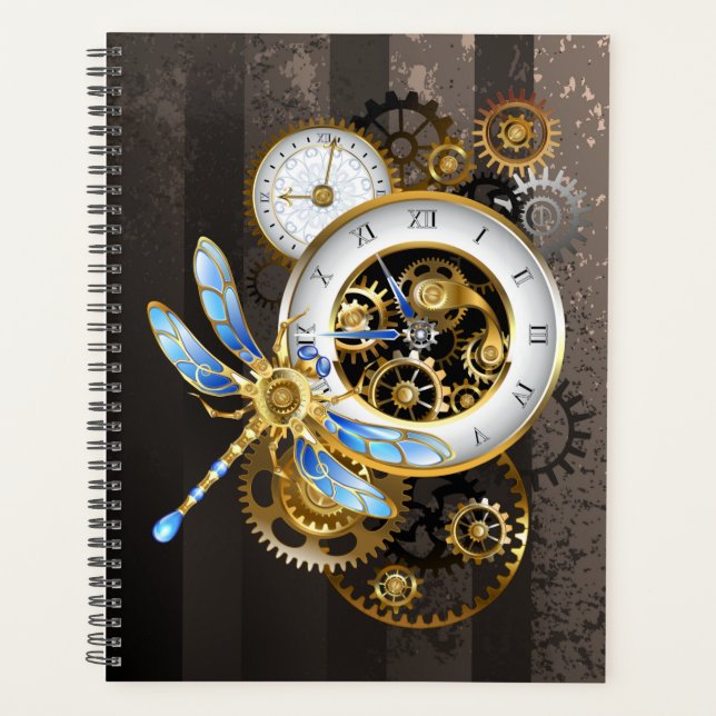 Steampunk Clock with Mechanical Dragonfly Planner (Front)