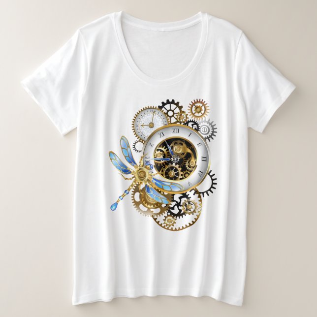 Steampunk Clock with Mechanical Dragonfly Plus Size T-Shirt (Design Front)