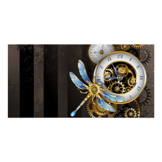 Steampunk Clock with Mechanical Dragonfly Poster (Front)