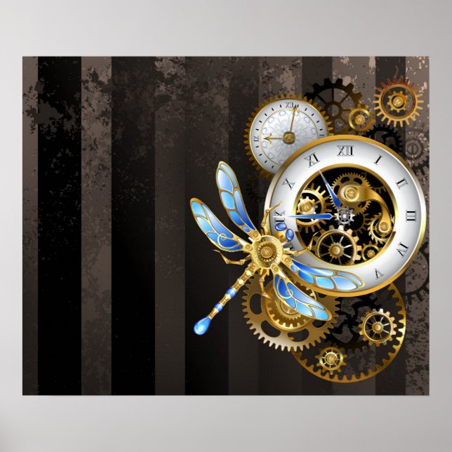 Steampunk Clock with Mechanical Dragonfly Poster (Front)