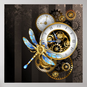 Steampunk Clock with Mechanical Dragonfly Poster