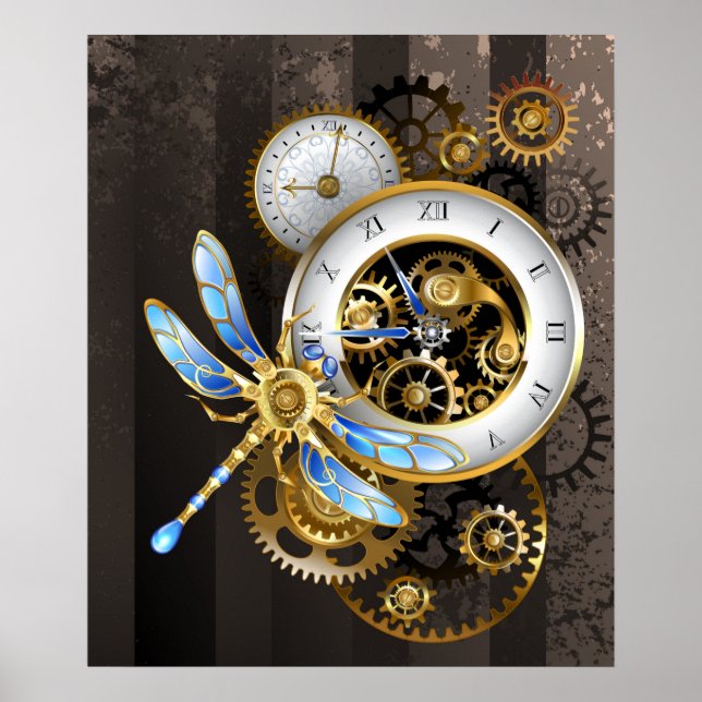 Steampunk Clock with Mechanical Dragonfly Poster (Front)