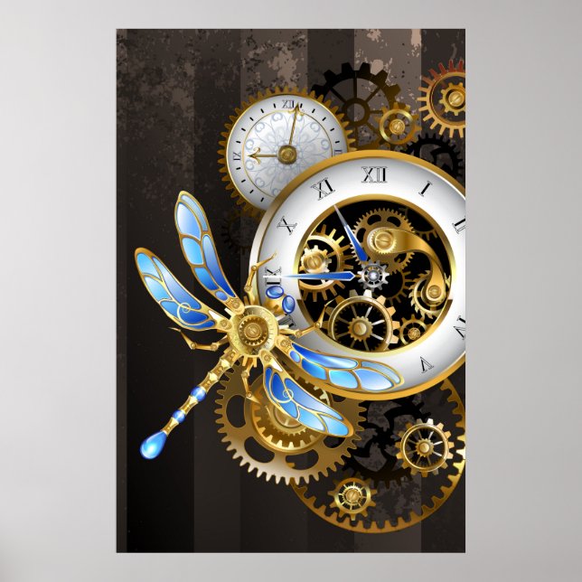 Steampunk Clock with Mechanical Dragonfly Poster (Front)