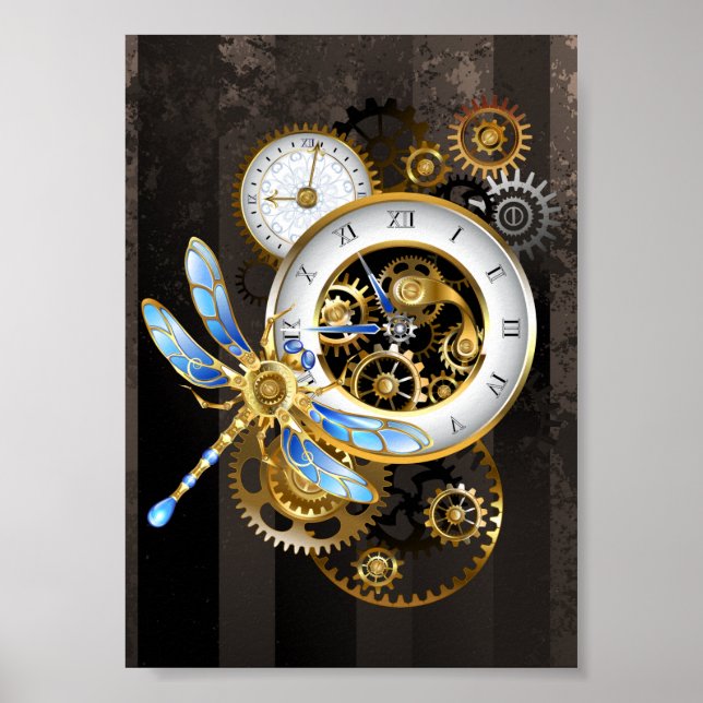 Steampunk Clock with Mechanical Dragonfly Poster (Front)