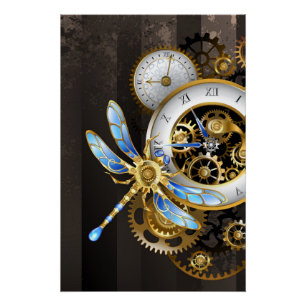 Steampunk Clock with Mechanical Dragonfly Poster
