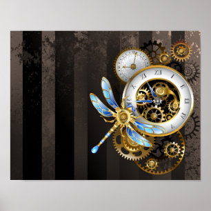 Steampunk Clock with Mechanical Dragonfly Poster