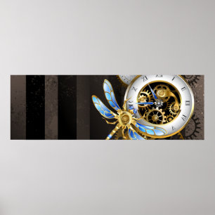 Steampunk Clock with Mechanical Dragonfly Poster