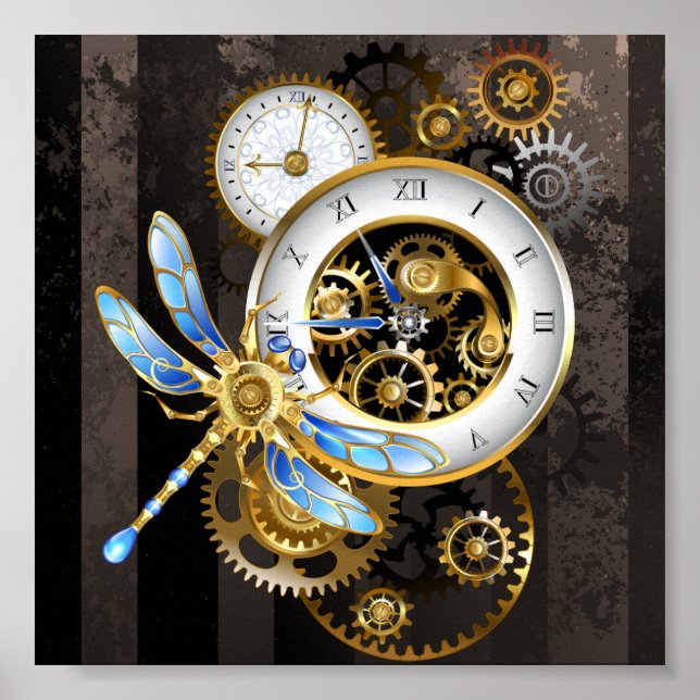 Steampunk Clock with Mechanical Dragonfly Poster (Front)