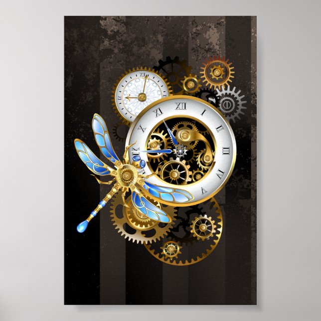 Steampunk Clock with Mechanical Dragonfly Poster (Front)