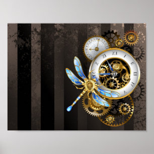 Steampunk Clock with Mechanical Dragonfly Poster