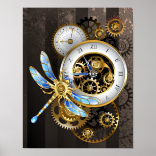 Steampunk Clock with Mechanical Dragonfly Poster