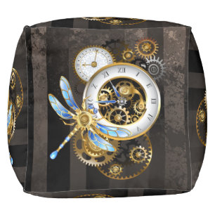 Steampunk Clock with Mechanical Dragonfly Pouf
