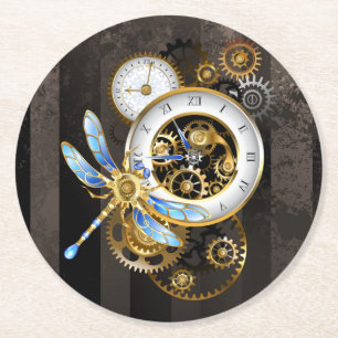 Steampunk Clock with Mechanical Dragonfly Round Paper Coaster