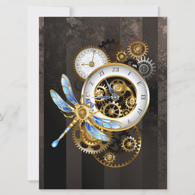 Steampunk Clock with Mechanical Dragonfly Save The Date (Front)