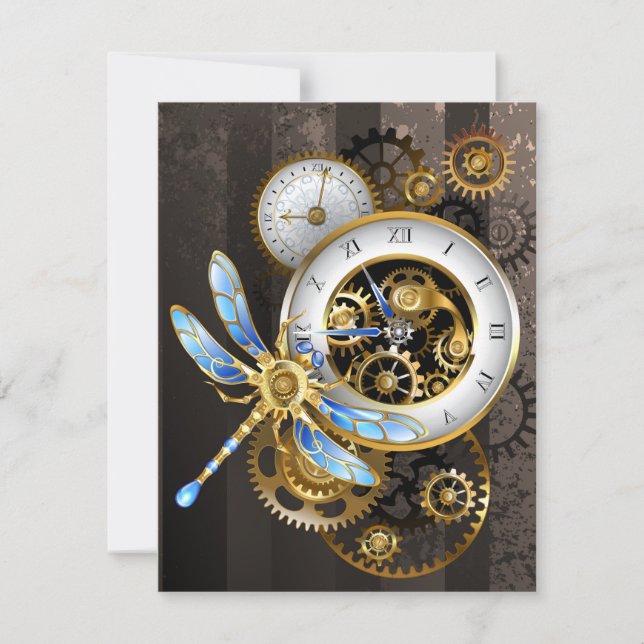 Steampunk Clock with Mechanical Dragonfly Save The Date (Front)
