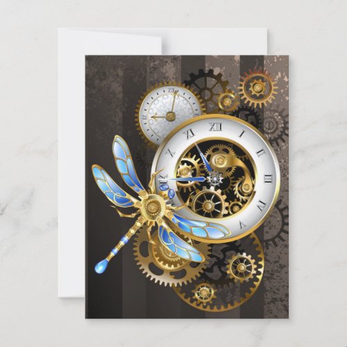 Steampunk Clock with Mechanical Dragonfly Save The Date