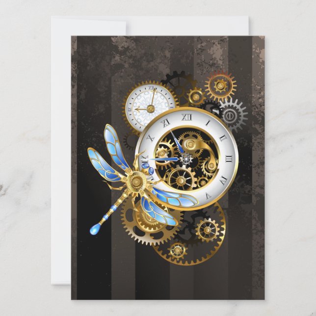 Steampunk Clock with Mechanical Dragonfly Save The Date (Front)
