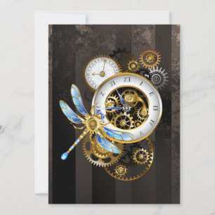 Steampunk Clock with Mechanical Dragonfly Save The Date