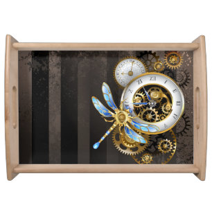 Steampunk Clock with Mechanical Dragonfly Serving Tray