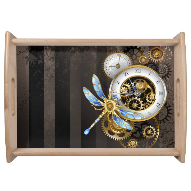 Steampunk Clock with Mechanical Dragonfly Serving Tray (Front)