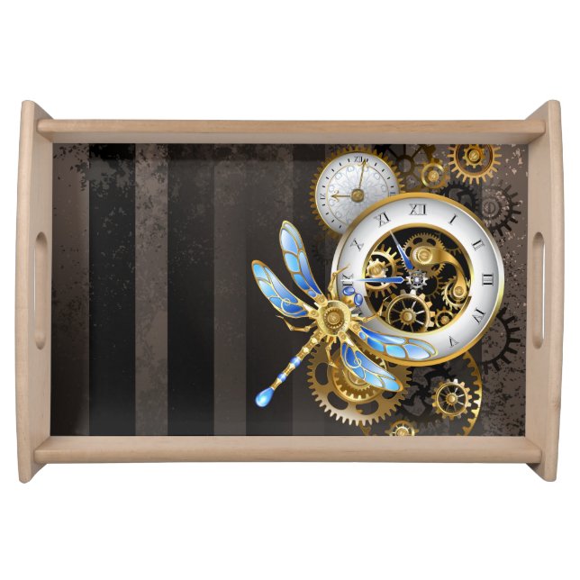 Steampunk Clock with Mechanical Dragonfly Serving Tray (Front)