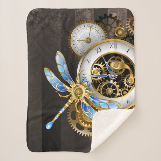 Steampunk Clock with Mechanical Dragonfly Sherpa Blanket (Front)