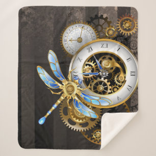 Steampunk Clock with Mechanical Dragonfly Sherpa Blanket