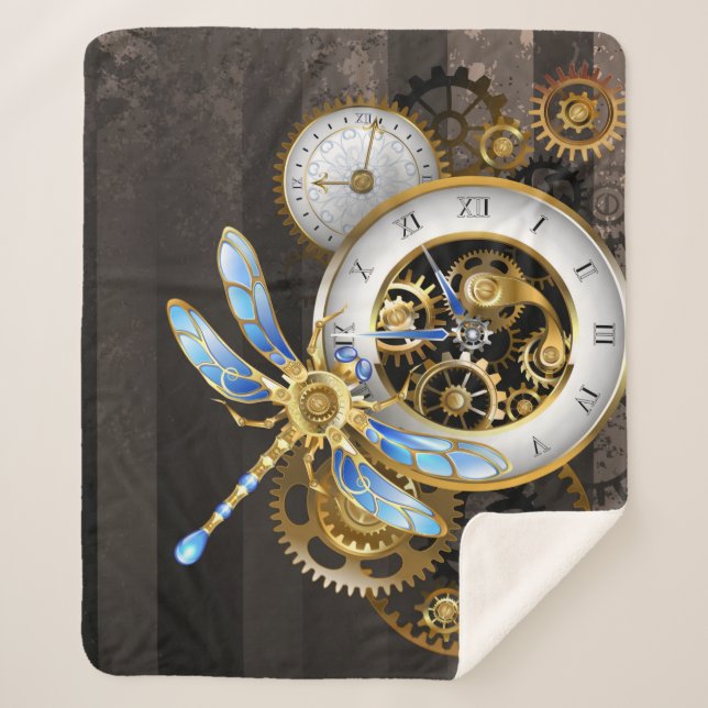 Steampunk Clock with Mechanical Dragonfly Sherpa Blanket (Front)