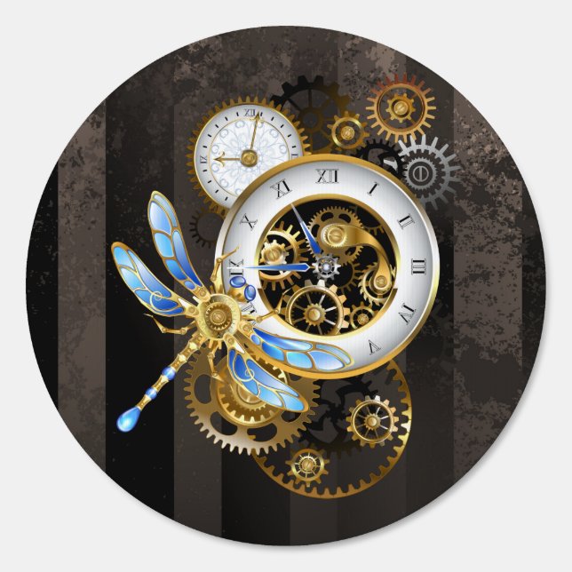 Steampunk Clock with Mechanical Dragonfly Sign (Front)
