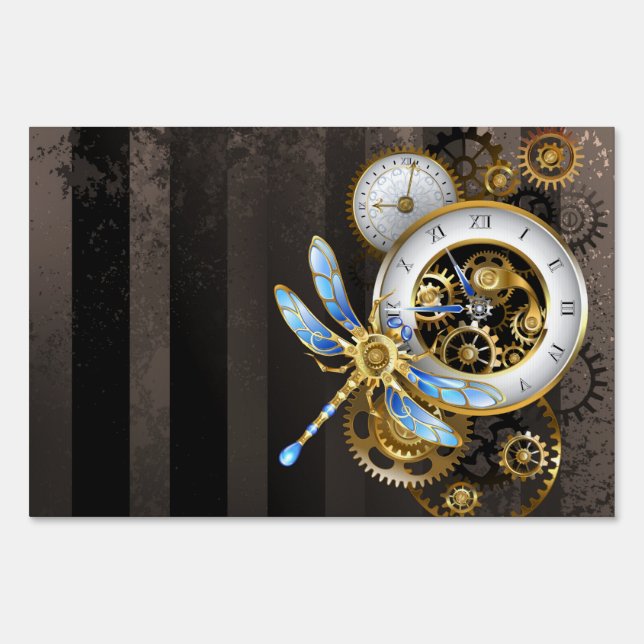 Steampunk Clock with Mechanical Dragonfly Sign (Front)