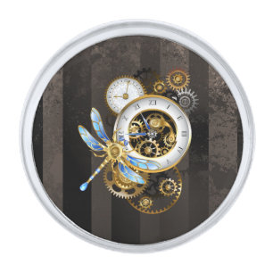 Steampunk Clock with Mechanical Dragonfly Silver Finish Lapel Pin