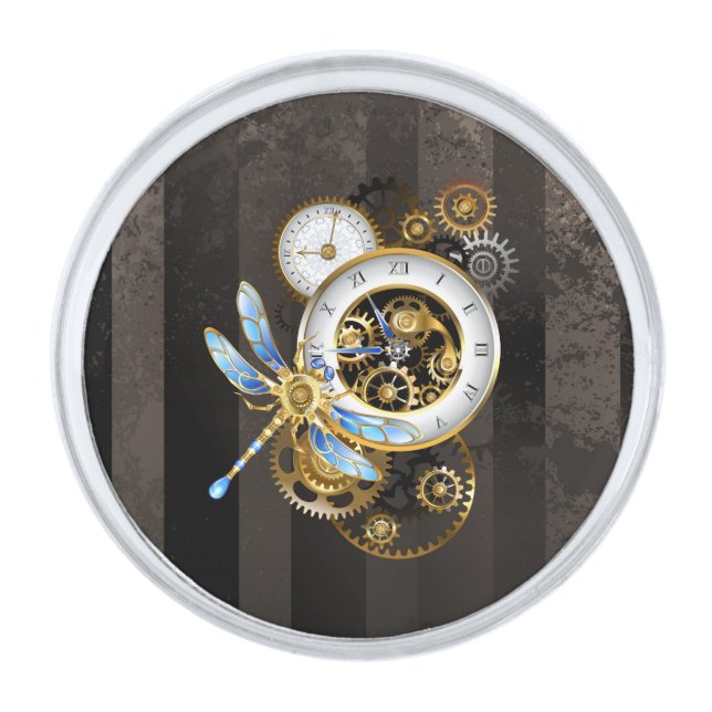 Steampunk Clock with Mechanical Dragonfly Silver Finish Lapel Pin (Front)