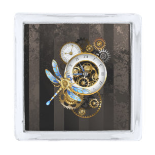 Steampunk Clock with Mechanical Dragonfly Silver Finish Lapel Pin
