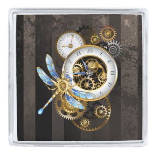 Steampunk Clock with Mechanical Dragonfly Silver Finish Lapel Pin