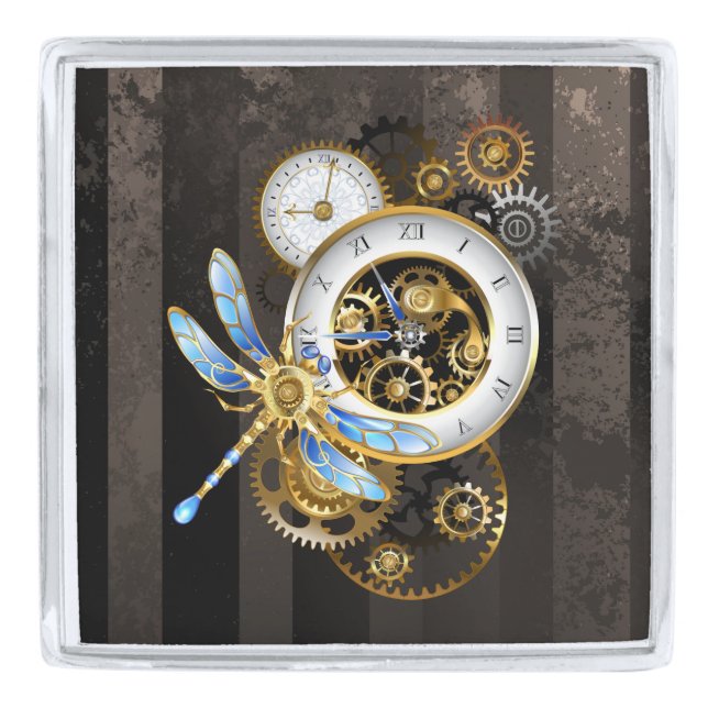 Steampunk Clock with Mechanical Dragonfly Silver Finish Lapel Pin (Front)