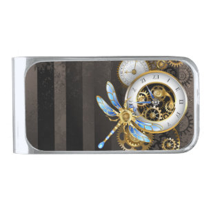 Steampunk Clock with Mechanical Dragonfly Silver Finish Money Clip