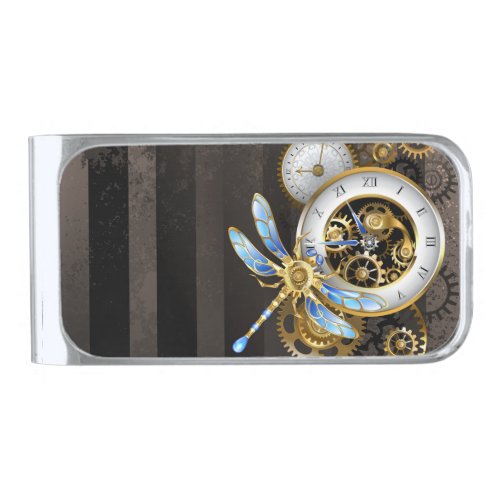 Steampunk Clock with Mechanical Dragonfly Silver Finish Money Clip